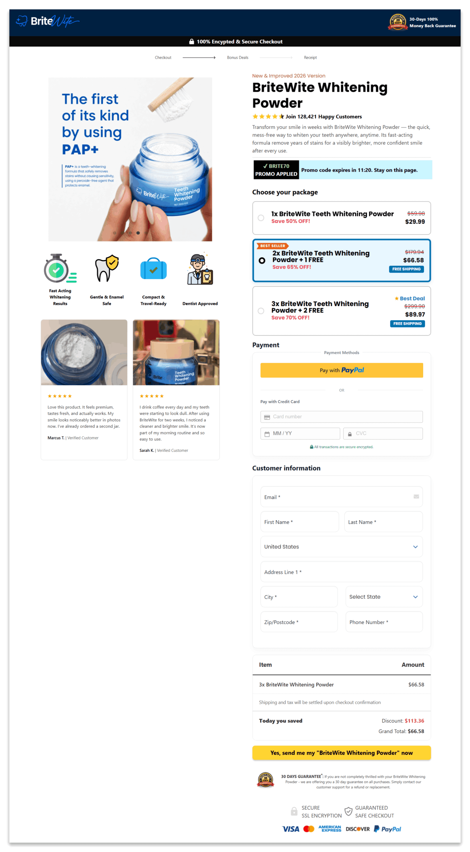 BriteWite Whitening Powder checkout page